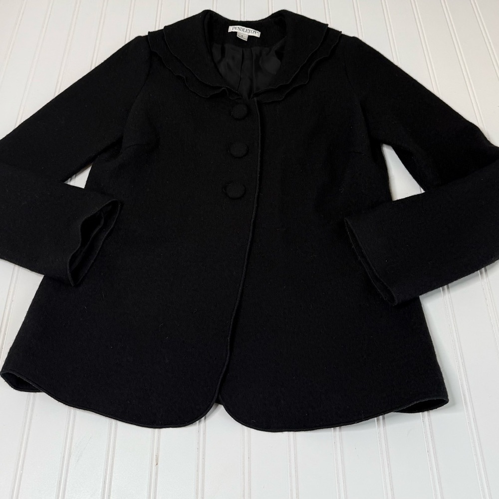 Pendleton Sweater Jacket Wool Cardigan Black Ruffle Collar Buttons Small